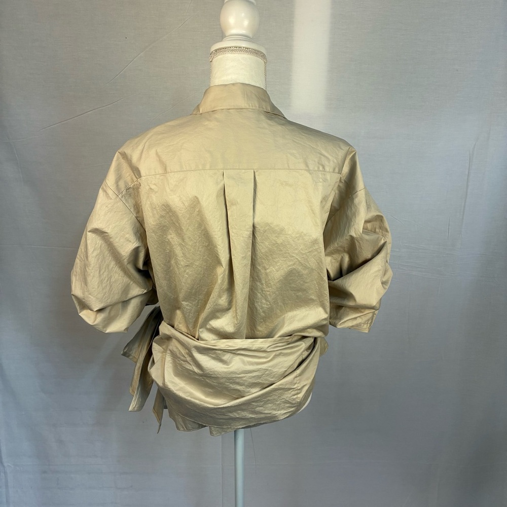 NWT Zara Ruched Sleeve Poplin Wrap Blouse Light Tan L - Picture 7 of 10